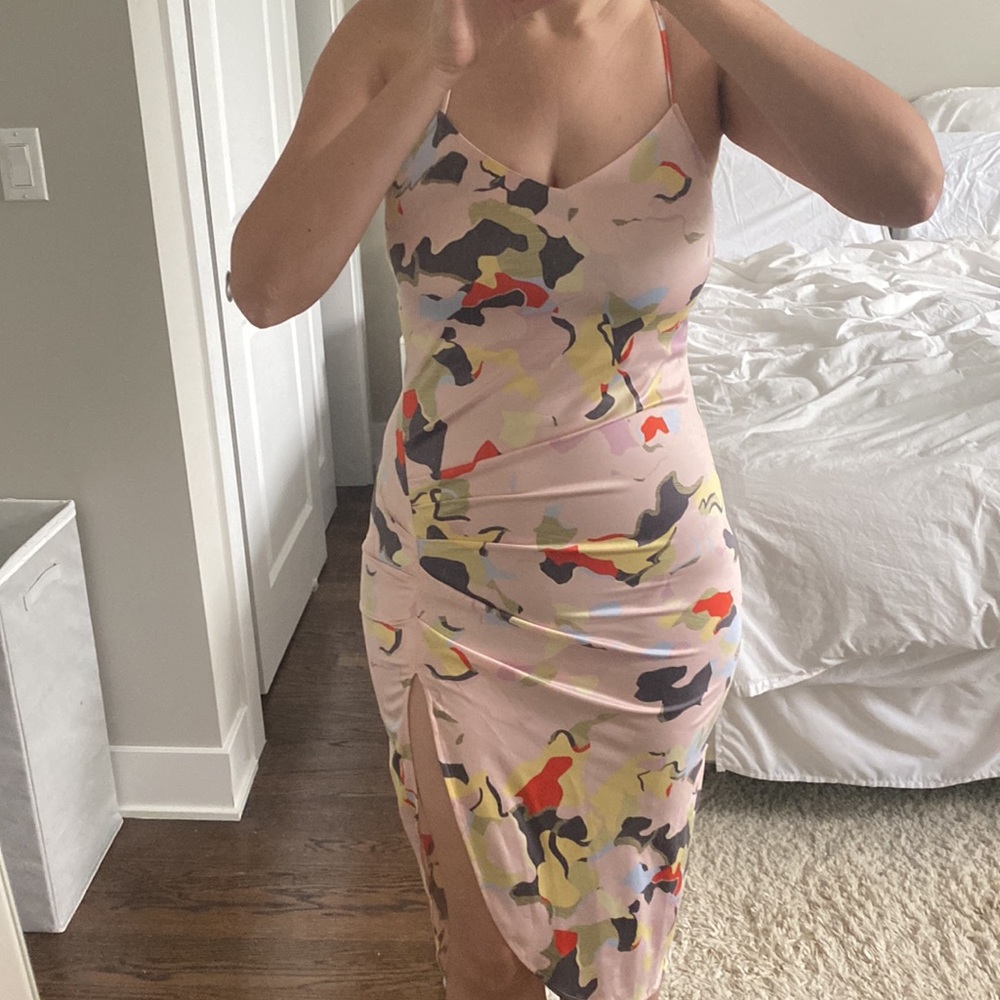 Open Edit Dress, Shirred Side with Slit (Small, Pink with Pattern)